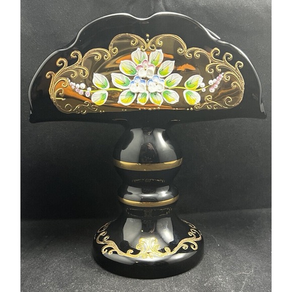 Czech Bohemian Egermann 24K Gold Enamel Black Art Glass Napkin Holder - Picture 1 of 9
